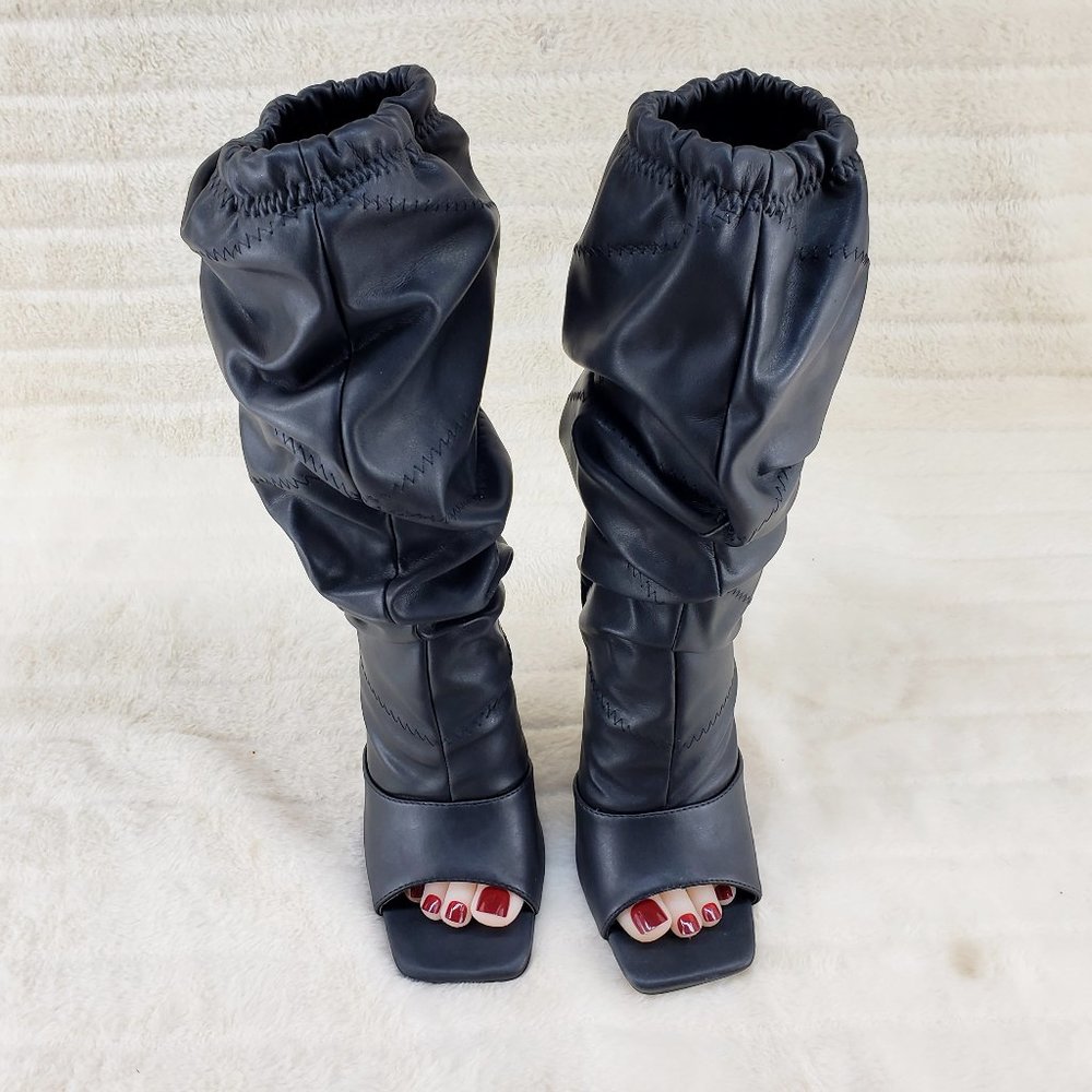 Black Square toe Scrunch Slouch Mid Calf Pull On Heeled boots Resto… - Picture 14 of 15